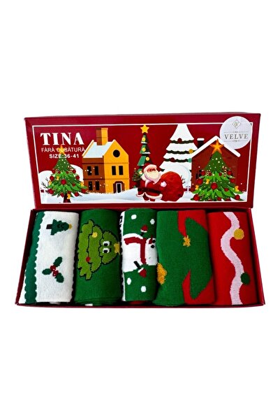 velve Set of 5 pairs of women's cotton socks, Christmas themed, 36-39, Green