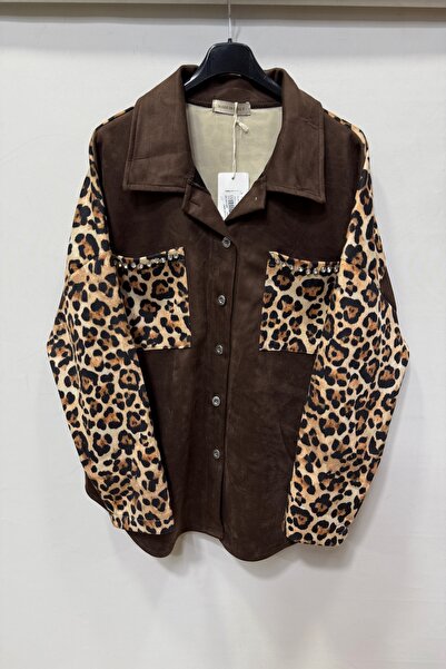 della moor Γυναικείο καφέ ιταλικό σουέτ πουκάμισο μπουφάν με λεοπάρ στάμπα με πέτρα στην τσέπη O oversized φαρδιά εφαρμογή
