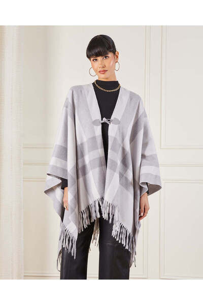 REDTAG Women Grey Checked Poncho With Pu Fastening