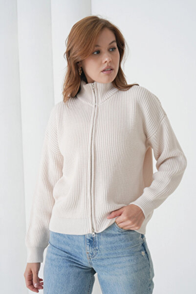 Park Karon Women's Mock Neck Zipper Closure Oversized Knitwear Cardigan