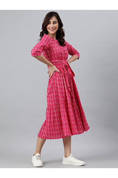 IndHeritage Premium pure cotton pink dress with ethnic prints & tie on the waist area - Indo Western wear