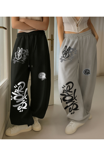 De Carte 2li Grafiti Smk Axolotl Baskılı Oversize Bol kesim Siyah&Gri Kadın E...