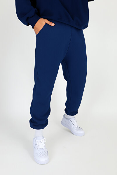 WAMOSSALAPLI بنطال رياضي بلون موحد باللون الأزرق الداكن مبطن بالصوف