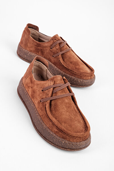 Lal Shoes & Bags Pamis Women's Genuine Leather Stitching Detailed Lace-Up Thick Soled Loafer Shoes 4292