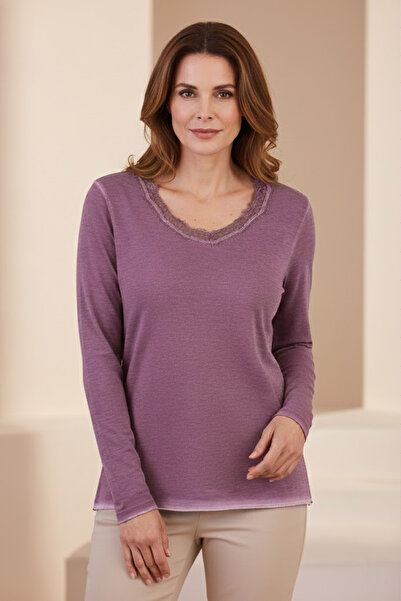 YXL COLLECTION Γυναικεία μπλούζα με λεπτομέρεια από δαντέλα με λαιμόκοψη σε σχήμα V με μακρύ μανίκι Mother Combed Cotton Blouse