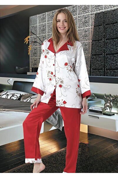 Nice Model Floral Satin Pajama Set Women Button Down Long Sleeve Two Piece Sleepwear Loungewear Nightwear