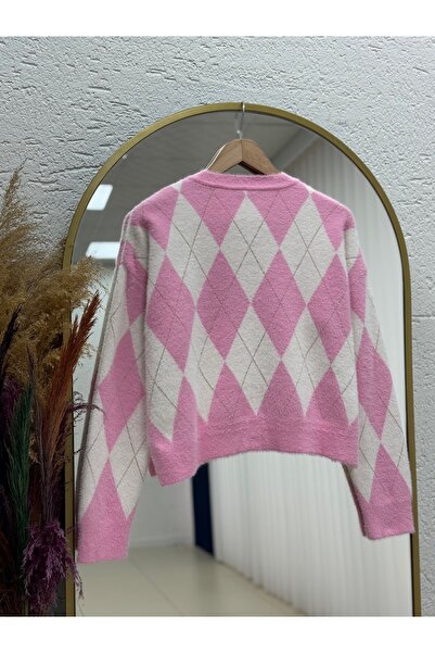 MİHRA STORE Capisa Gold Buttoned Diamond Pattern Bearded Cardigan-Kr5030 Pink