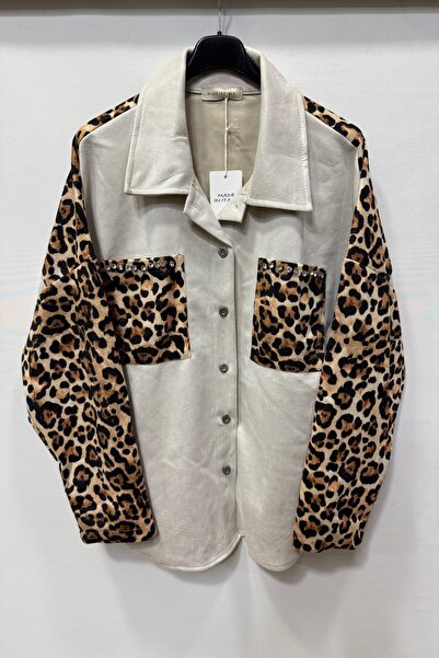 della moor Γυναικείο πουκάμισο από ιταλικό σουέτ εκρού Μπουφάν με λεοπάρ στάμπα με πέτρα στην τσέπη O oversized φαρδιά εφαρμογή