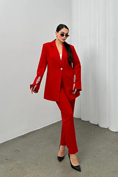 ZF BUTİK Women's Stone Detailed Double Pipe Leg Blazer Jacket Pants Set