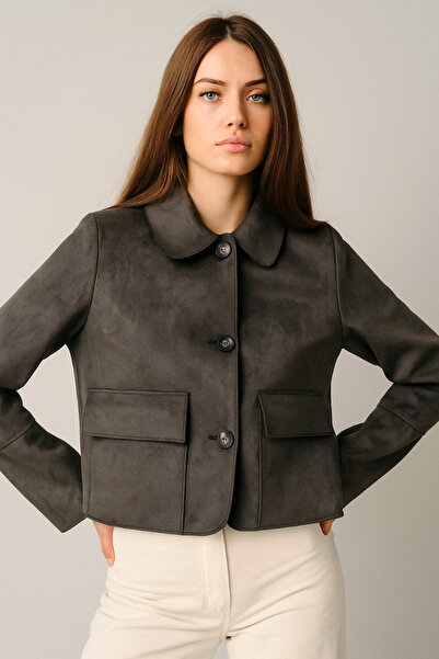 Rich Women's Smoked Cap Sleeves Patch Pocket Shirt Collar Buttoned Suede Jacket