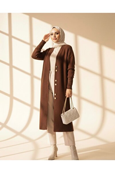 ERLINE Brown Angora Buttoned Soft Knitwear Hijab Cardigan