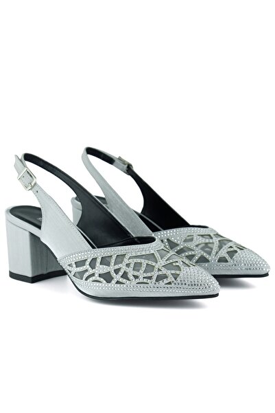 Erkan Saçmacı Estelle Silver Satin Stone Mesh Pointed Toe Thick Heeled Open Back Evening Dress Shoes