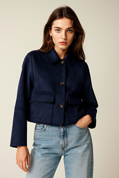 Rich Women's Navy Blue Flap Patch Pocket Shirt Collar Buttoned Suede Jacket
