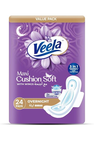 VEELA Cushion Soft Maxi Pads for Women (Overnight, 24 count)