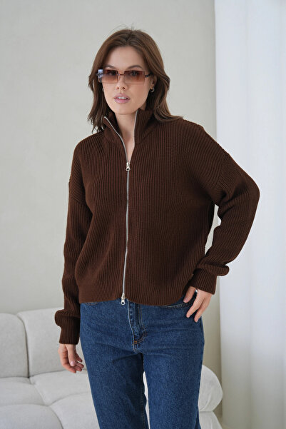 Park Karon Women's Mock Neck Zipper Closure Oversized Knitwear Cardigan