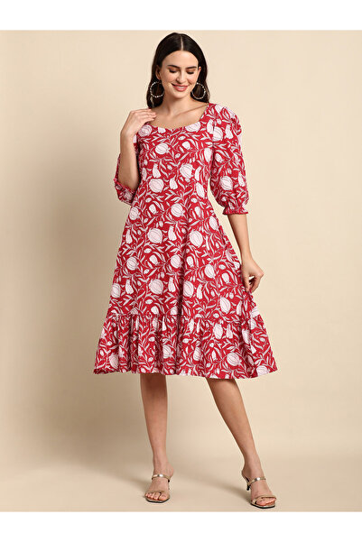 IndHeritage Premium pure cotton red & white floral designed dress - Indo Western wear