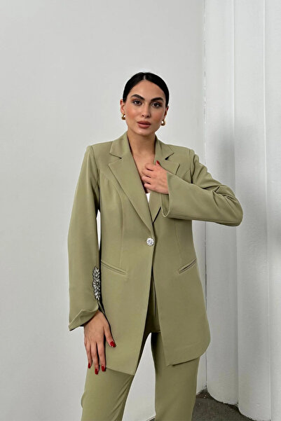 ZF BUTİK Women's Stone Detailed Double Pipe Leg Blazer Jacket Pants Set
