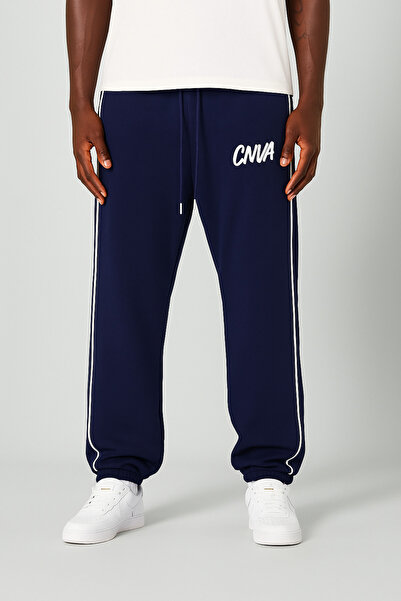 WAMOSSALAPLI Ανδρικό μπλε ναυτικό CNVA με τύπωμα Buggy Winter Loose παντελόνι με φλις εσωτερικά