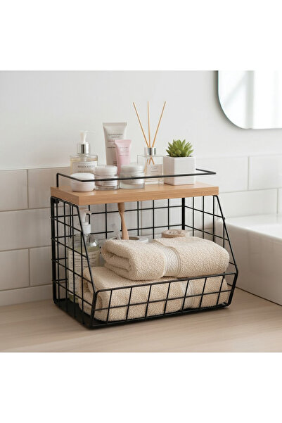 decorelax Organizator de baie cu rafturi din lemn de bambus - poate fi montat pe perete și folosit pe blat, negru