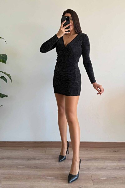 CİDDE Γυναικείο Μίνι Φόρεμα διπλό πέτο με λαιμόκοψη/ΜΑΥΡΟ/Μ