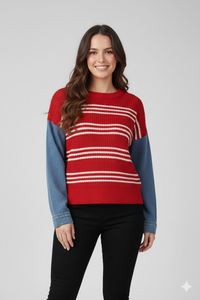 trendalisse Women's Crew Neck Sleeve Denim Design Knitwear Sweater