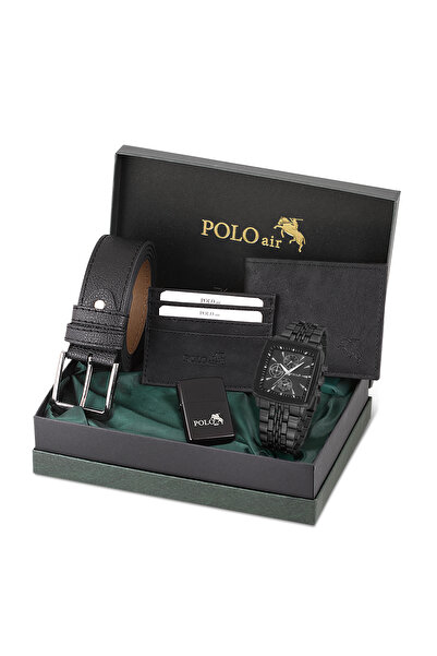 Polo Air Erkek Kol Saati Kemer Cüzdan Kartlık Çakmak Hediyelik Kutusunda Siya...