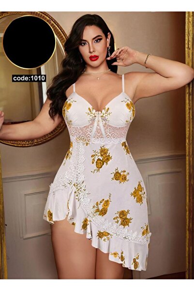 Nice Model Floral Lace Nightgown Mini Lingerie Adjustable Straps Ruffled Hem ...