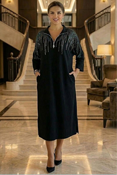 Nevin Kaya Moda Siyah Diamond Taş Detaylı Elbise
