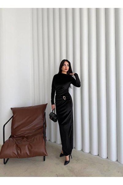 akıncı fashion Kadın Uzun Kollu Gold Detaylı Kadife Drapeli Büzgülü Maxi Kadi...