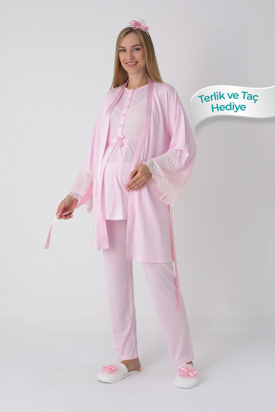 ERDENİZ TEKSTİL Maternity Pajama Set with Nursing Lace Detail Viscose Fabric - Includes Slippers and Crown Gift