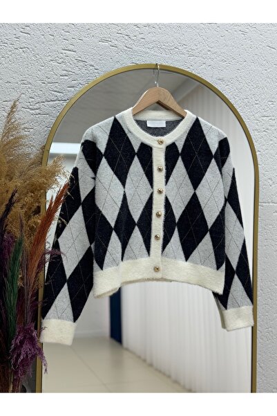 MİHRA STORE Capisa Gold Buttoned Diamond Pattern Bearded Cardigan-Kr5030 Black