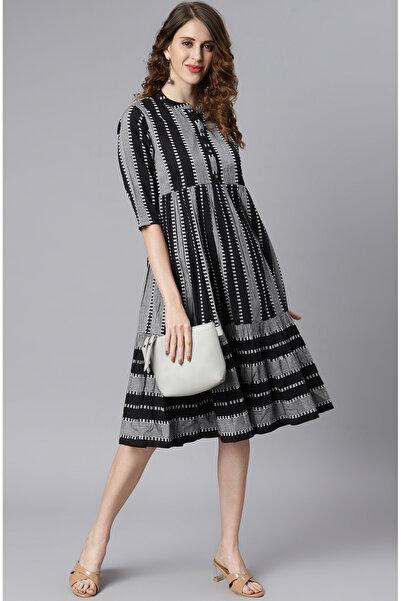 IndHeritage فستان مخطط باللونين الأسود والرمادي من القطن الخالص الفاخر - ملاب...
