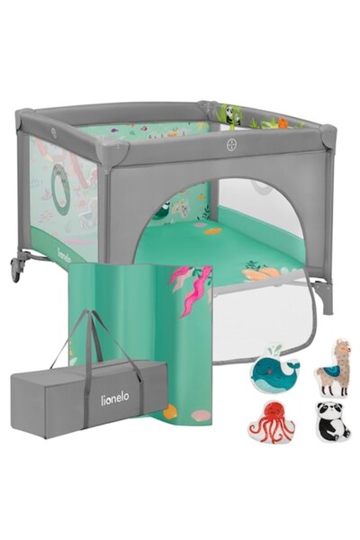 Lionelo Tarc de joacă Mille Plus, pliabil, saltea educațională cu 4 jucării cu velcro, 100x100 cm, verde