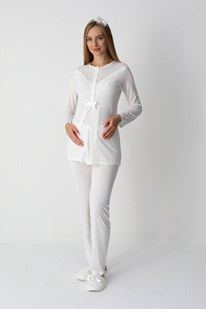 ERDENİZ TEKSTİL Σετ πιτζάμες εγκυμοσύνης με δαντέλα που διακοσμείται με βισκόζη - με παντόφλες και δώρο κορώνα