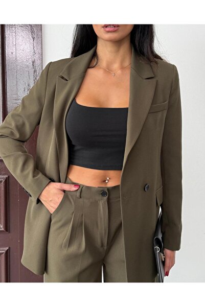 Afri Haki Kadın Polly Viscon Takım – 1. Sınıf Kumaş Blazer Ceket & Palazzo Pantolon İkili Takım