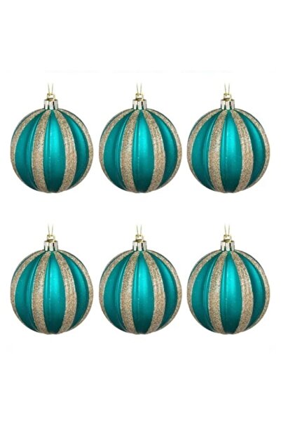 OEM Set of Christmas Baubles Petrol with Raised Stripes & Champagne Glitter Ø8cm - 6 pcs