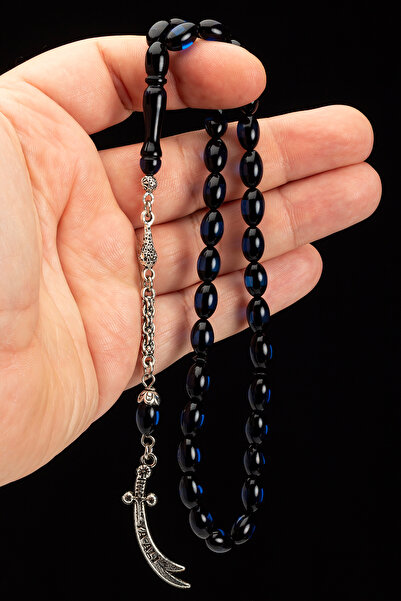 OTTOTESBİH Men's Zulfiqar Sword Dark Blue Velvet Powder Amber Prayer Beads