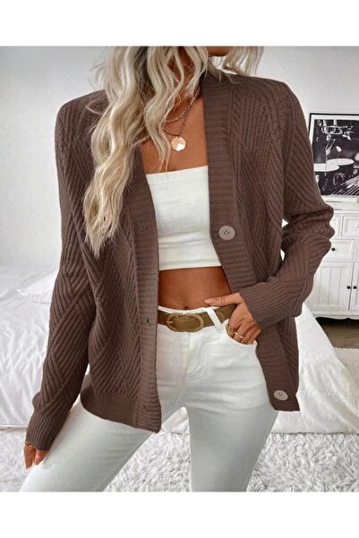 GNY TEXTİLE Buttoned Model Diamond Patterned Woven Detailed Long Sleeve Knitwear Cardigan