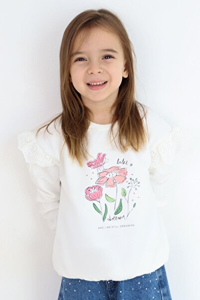 Breeze Girl's Sweatshirt with Floral Embroidery Detail on the Shoulders, Flower Printed 2-6 Years, Ecru