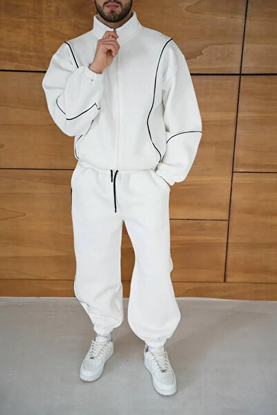 GökTR Men's Premium Piece Tracksuit Set - Mock Neck Zippered Piped Sweatshirt Rubber Cuffed Bottom, Ov