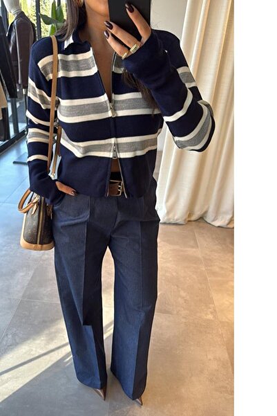 MODAMERSİ Women's Navy Blue Striped Zipper Detailed Knitwear Cardigan