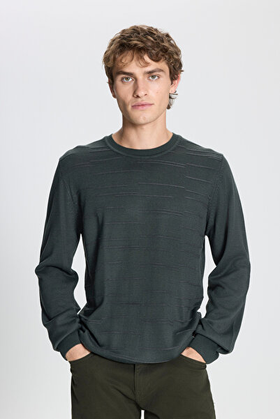 ALTINYILDIZ CLASSICS Πράσινο-ανθρακί μάλλινο πουλόβερ με κανονική εφαρμογή και κορδόνι με λαιμόκοψη