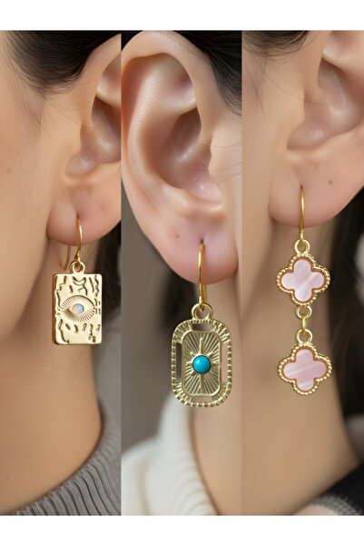 TURBİJ طقم أقراط نسائية من ثلاث قطع بتصميم عين تركواز بيضاوية ووردة البرسيم