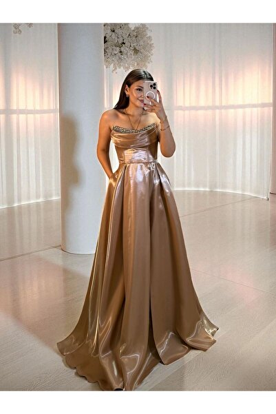 OLA Rozel Göğsü Taşlı Parlak Saten Cepli Vizon Abiye Elbise