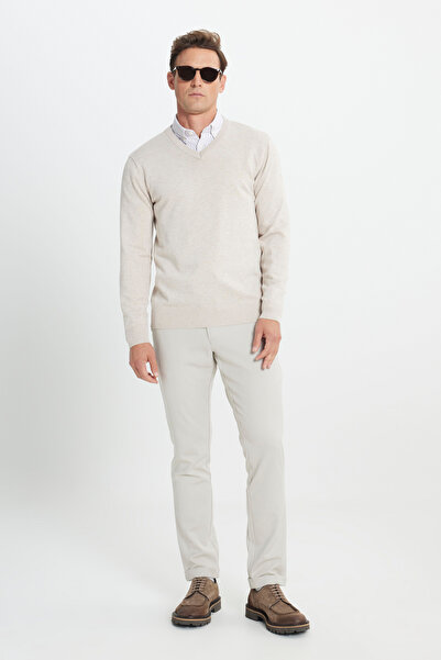 ALTINYILDIZ CLASSICS Πλεκτό πουλόβερ με λαιμόκοψη σε σχήμα V, κανονική εφαρμογή, μελανζέ μπεζ