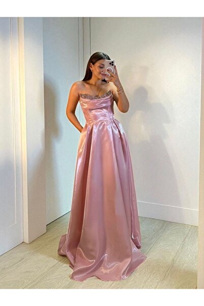 OLA Rozel Göğsü Taşlı Parlak Saten Cepli Pudra Pembe Abiye Elbise