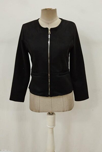 Mossta Round Neck Zippered Suede Jacket - Black
