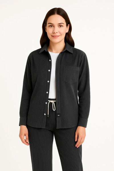 GökTR Women's Velvet Oversized Set – Shirt and Pants Two-Piece Set Smoked Corduroy Elegance, Comfortable