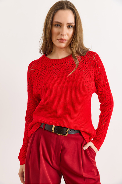 Olalook Women's Light Red Openwork Detailed Knitwear Blouse Blz-19003090