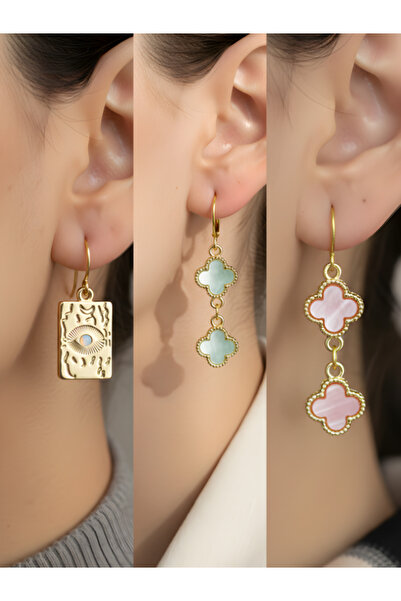 TURBİJ مجموعة أقراط نسائية من ثلاث قطع بتصميم البرسيم الأخضر والبرسيم الوردي